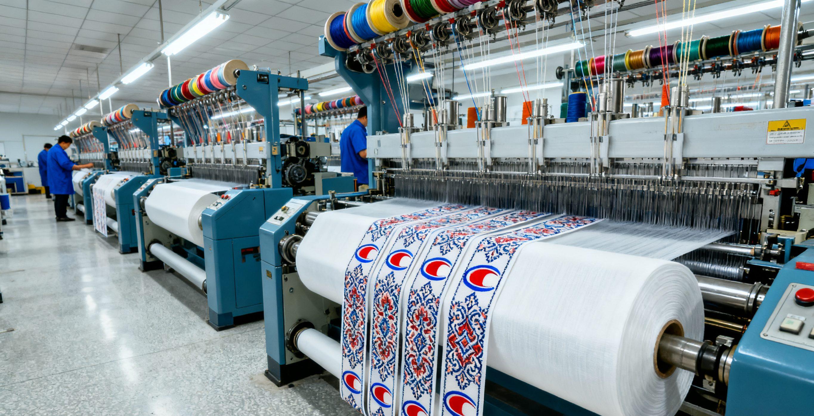 Machines producing custom woven clothing labels on textile rolls.